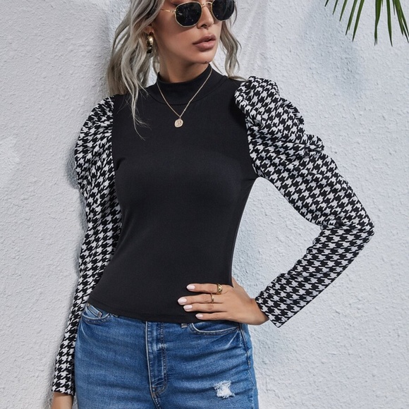 houndstooth puff long sleeve mock neck top - Picture 3 of 5